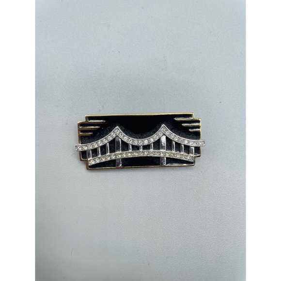 Vintage Signed MONET Pin Brooch Art Deco Inspired Black Enamel Over Gold Tone - Picture 9 of 14